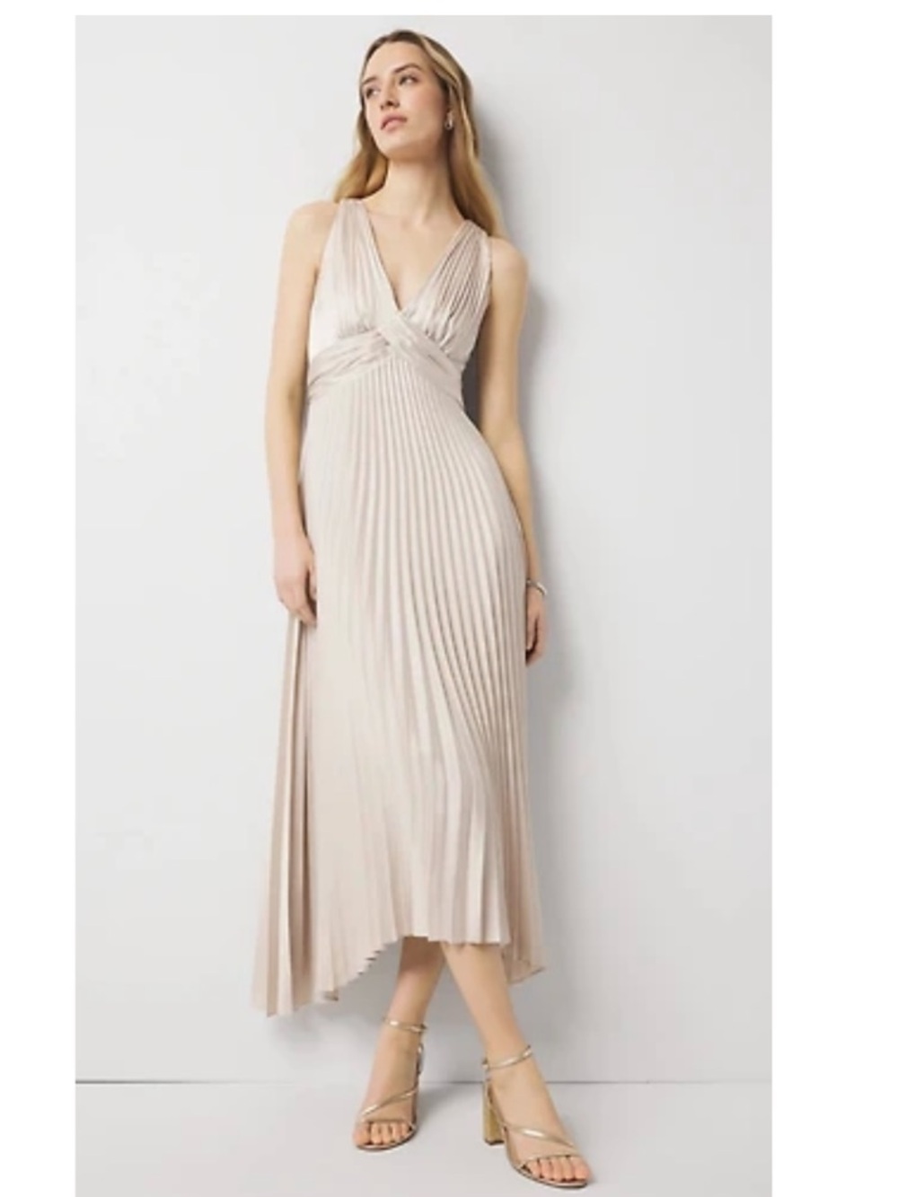 NWT White House Black Market Satin Plunge Pleated Maxi Dress Formal Beige 8